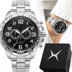 Relogio Masculino Prova Prata Inoxidável Aço + Caixa presente resistente mostrador preto casual