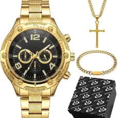 relogio masculino aço dourado + pulseira + caixa social original grande mostrador preto presente