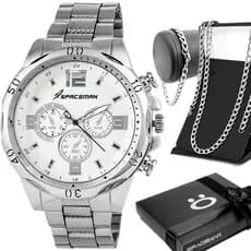 Relogio aço inox prata masculino + pulseira + cordao