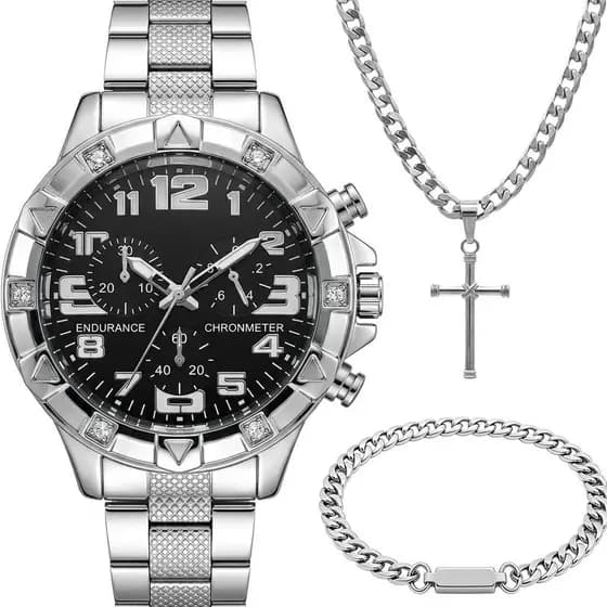Relogio Masculino Aço Prata + Cordão Crucifixo + Pulseira