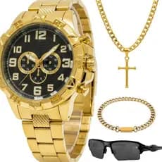 Relogio masculino dourado + oculos sol qualidade premium 18k