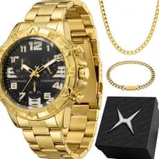 Relogio banhado masculino + caixa pulseira + cordao grumet analogico robusto retro casual ponteiro