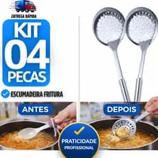 Jogo 4 Escumadeira Aço Inox com Furo  Arroz Fritura Servir Preparar Alimentos 32cm Escumadeira