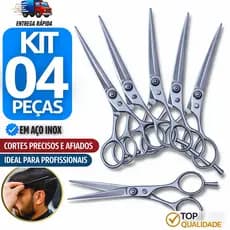 Combo 04 Tesoura de Cabeleireiro Profissional Aço Inoxidável Fio Navalha Corte de Cabelo Barba Premium Profissional