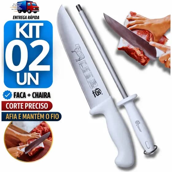 Faca Açougueiro 10" + Chaira 10" Inox  2 Peças Profissional Carnes Churrasco Cozinha