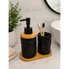 Kit Banheiro 2 Peças Preto Porta Sabonete Líquido + Porta Escova com Bandeja de Bambu