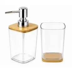 Kit Banheiro 2 Peças Porta Escova e Dispenser Sabonete Líquido 370ml Bambu e Plástico