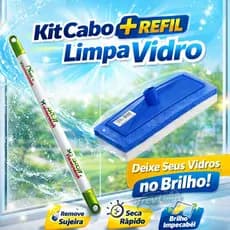 Kit Limpa Vidro com Cabo 1,20m + Refil Limpeza Vidros Janelas Box Espelho