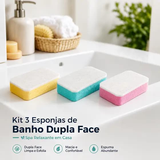 Esponja de Banho Dupla Face – Spa Relaxante em Casa Kit 3unidades