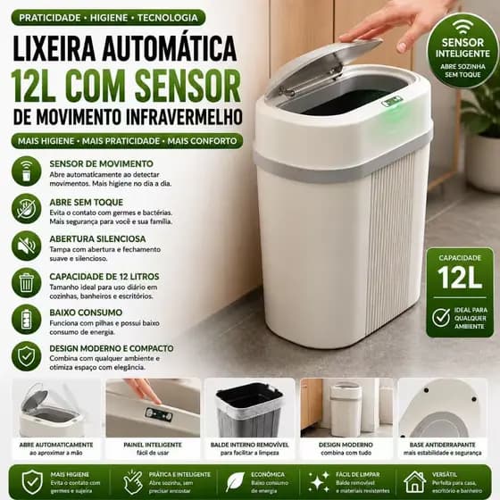 Lixeira Automática 12L com Sensor de Movimento Infravermelho Helplo