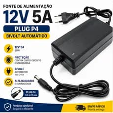 Fonte Eletrônica 12v 5a Bivolt Estabilizadora Preta 5 Amperes Plug P4  Pronta Entrega Fita Led  CFTV