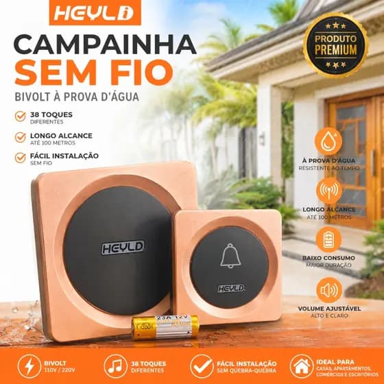 Campainha Sem Fio Bivolt 1 Transmissor e 1 Receptor À Prova d'Água 38 Toques Longo Alcance Residencial Comercial