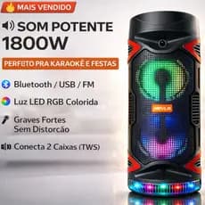 Caixa de Som 1800W Potente Bluetooth Karaokê RGB 2 Alto-Falantes 6.5" Som Alto Grave Forte