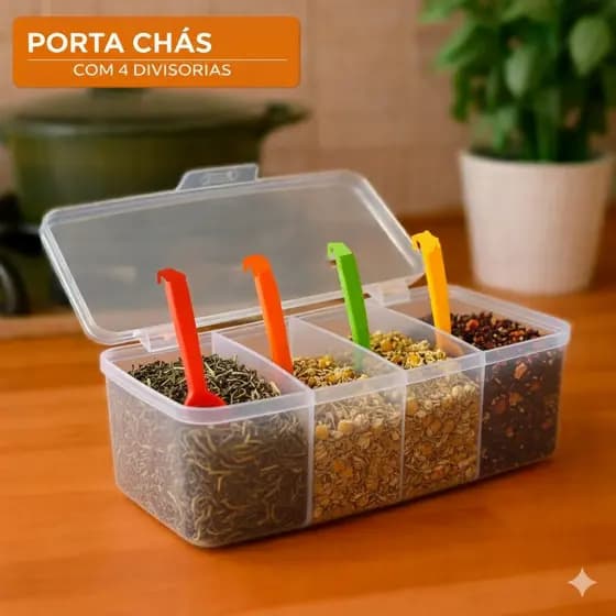 Caixa Organizadora Porta Chá com tampa 4 divisorias acompanha 4 colher conchas Organizador Ervas natural