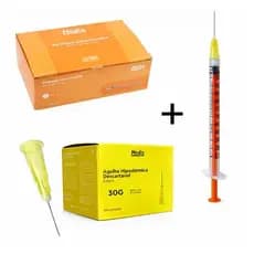 Kit C/100 Seringas de Insulina 1ml (100ui) Slip, 3ml(300ui) ou 5ml(500ui)  + 100 Agulhas 13 x 0,30mm (30g)