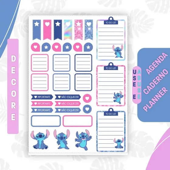4 Cartelas Adesivos Marcador Planner Caderno Scrapbook Stich DECORE SEU CELULAR E AGENDA FOFINHA