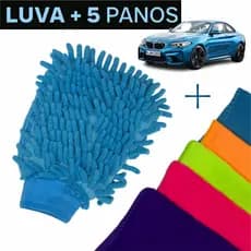 Luva Microfibra Kit de Lavar Carro Moto +5 Pano Limpeza automotiva Luva +5 Pano Microfibra Multiuso