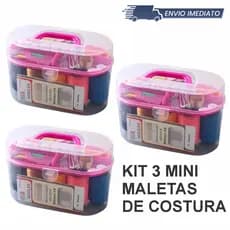 Kit 3 Mini maletas De Costura 35 Peças Tesoura Botão Agulha Maleta Viagem Linhas Organizador