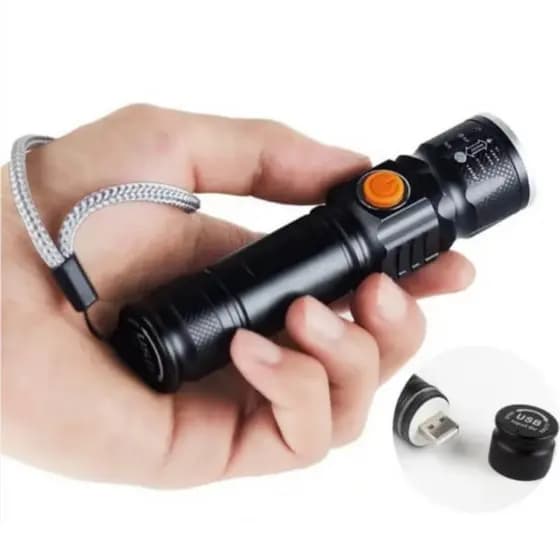 Mini Lanterna Tática Police Usb Recarregável Preta LONGO ALCANCE C/ ZOOM TELESCOPICO METAL 11CM