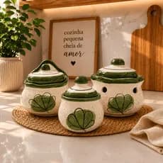Saleiro + Açucareiro + Porta Alho Premium / Kit Cozinha Cerâmica 3 Peças Decorativo Presente