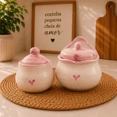 Kit Saleiro e Açucareiro Cerâmica Premium com Tampa | Pote/Porta Condimentos Sal e Açucar Cozinha Decoração e Presente