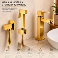 Kit Ducha Higiênica Metal Dourada Ouro e Torneira de Bancada Para Banheiro Lavabo