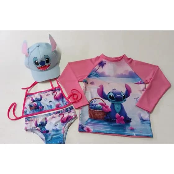 Biquini infantil + Camisa UV + Boné - Proteção Solar UV 50 - Conjunto UV para meninas Stitch - Praia