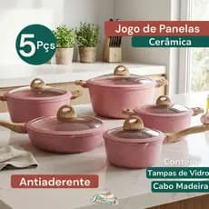 Jogo De Panelas Cerâmica 5 Peças Com Cabo em Madeira Revestimento Granito Tampas de Vidro