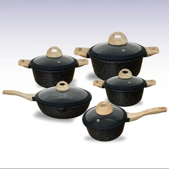 Jogo de Panelas 5 Peças Indução Gás Conjunto de Panelas Revestido em Cerâmica Granito Antiaderente Frigideira  CPN0003