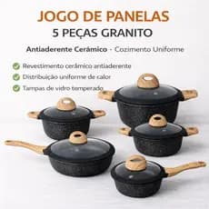 Jogo de Panelas Granito 5 Peças Antiaderente Cerâmico com Tampa de Vidro