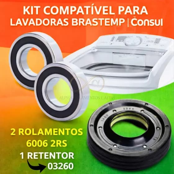 Kit 2 Rolamentos e 1 Retentor p/ Máquina de Lavar Brastemp Consul Modelos Compatíveis