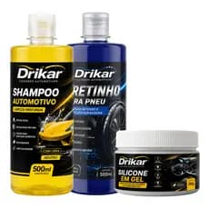 Kit Automotivo Shampoo com Cera 500ml + Pretinho para Pneu 500ml + Silicone em Gel 250g Drikar