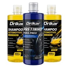 Kit 1L Shampoo Automotivo com Cera + Pretinho 500ml Drikar. Limpeza Brilho e Pneus Renovados em um Só Kit.