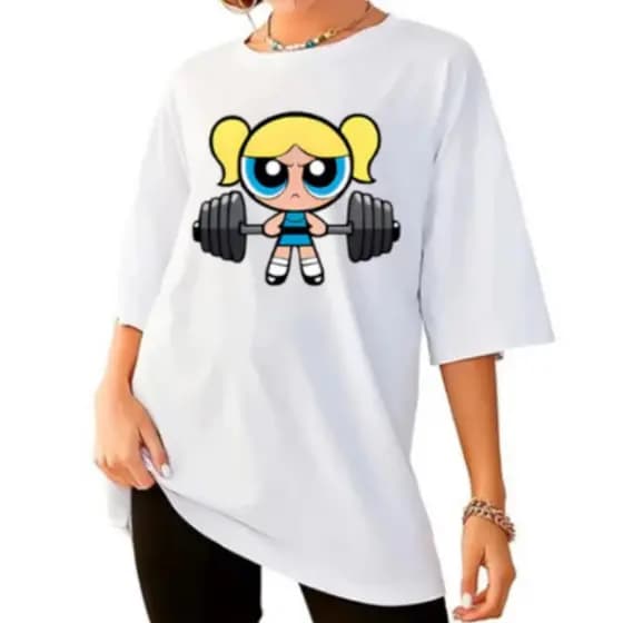 Camiseta Feminina Oversized Estampa Super-Poder-Rosa Blusão de Algodão Streetwear Academia e Passeio