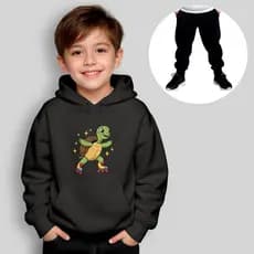Conjunto Infantil Moletom Tartaruga de Patins com Calça Preta – Estampa Divertida, Capuz e Bolso Canguru Unissex