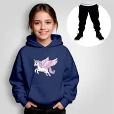 Conjunto Moletom Infantil Rosa Canguru + Calça Estampado Unicórnio Fada Inverno Menina