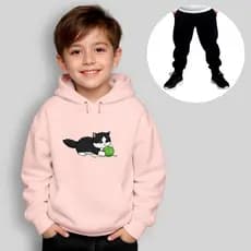 Conjunto Moletom Infantil Canguru + Calça Estampado Gato Novelo Inverno Unissex