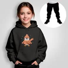 Conjunto Infantil Moletom Tartaruga de Patins com Calça Preta – Estampa Divertida, Capuz e Bolso Canguru Unissex