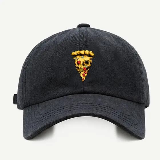 Bone baseball masculino preto Pizza ZombieCom regualgem cores bege e branco