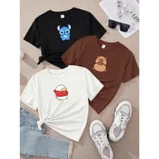Camiseta feminina blusa de algodão kit com 3 unidades Stitch Capivara Patinho marrom off