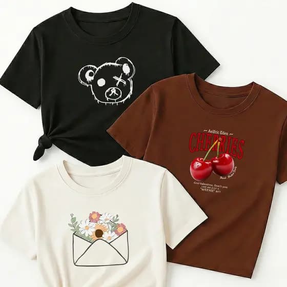 Camiseta Feminina Kit 3 Cabeça Urso X Preto Cerejas Marrom Envelope Flores Off White