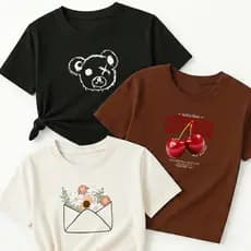 Camiseta Feminina Kit 3 Cabeça Urso X Preto Cerejas Marrom Envelope Flores Off White