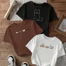 Camiseta feminina de algodão kit com 3 blusas femininas estampadas GATINHO TOTO GATINHO´CAIXA