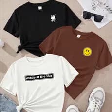 Camiseta feminina de algodão kit com 3 Anos 90 Made in the 90 Emoji 90s blusa marrom preta Off white