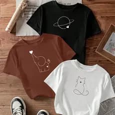 Camiseta feminina de algodão kit com 3 camisetas femininas estampadas Saturno Elefantinho Gatinho