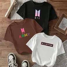 Camiseta feminina de algodão kit com 3 camisetas femininas estampadas BTS Army Black-Pink