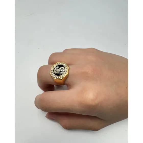 Anel Cifrão Luxo Dedeira Cravejado/ Em Aço Inoxidável/ Banhada a ouro
