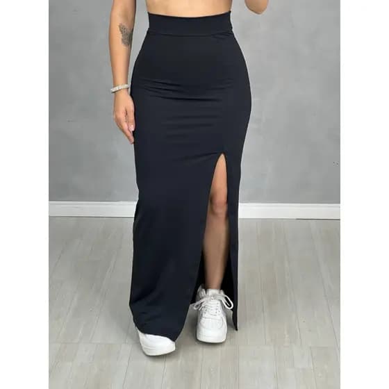 Saia Midi Feminina Com Fenda Lateral e Cintura Alta Tendência