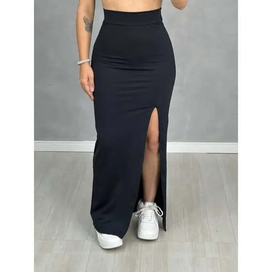Saia Midi Feminina Cintura Alta Com Fenda Lateral Longa Suplex Premium Moda Casual