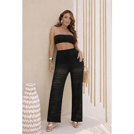Calça Saída de Praia e Piscina em Tricô Moda Verão Feminina